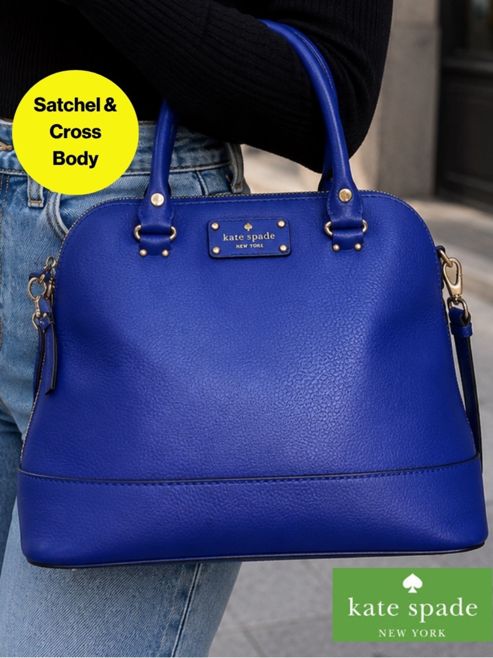 KATE SPADE ♠️ Purpley Blue Leather Satchel, Drop Handle, Crossbody Strap 9x13”